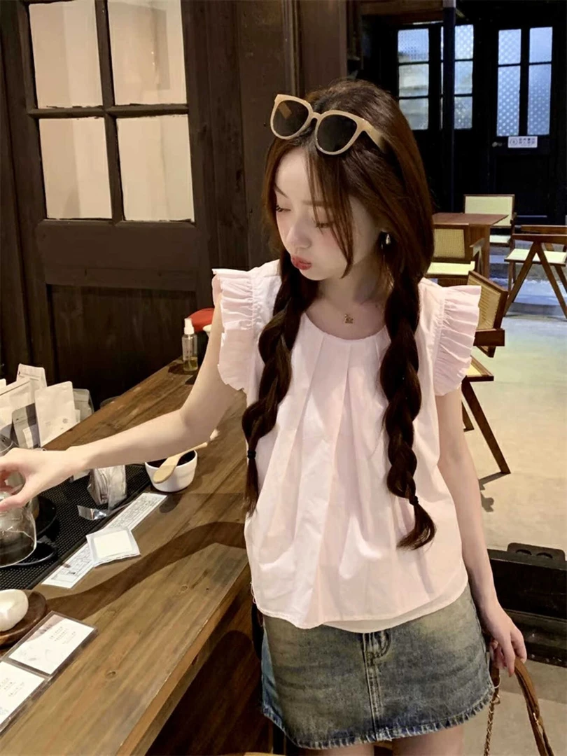 短款小飞袖衬衫女夏季多巴胺法式娃娃衫别致百搭上衣宽松