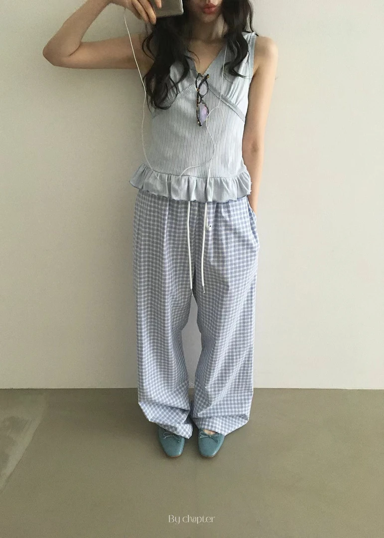 【NO退NO换】韩国东大门2025夏款蓝格腰边蕾丝长裤