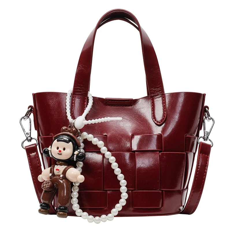 防盗编织斜挎包植鞣皮手提托特包轻奢潮流水桶包复古欧美手提包包