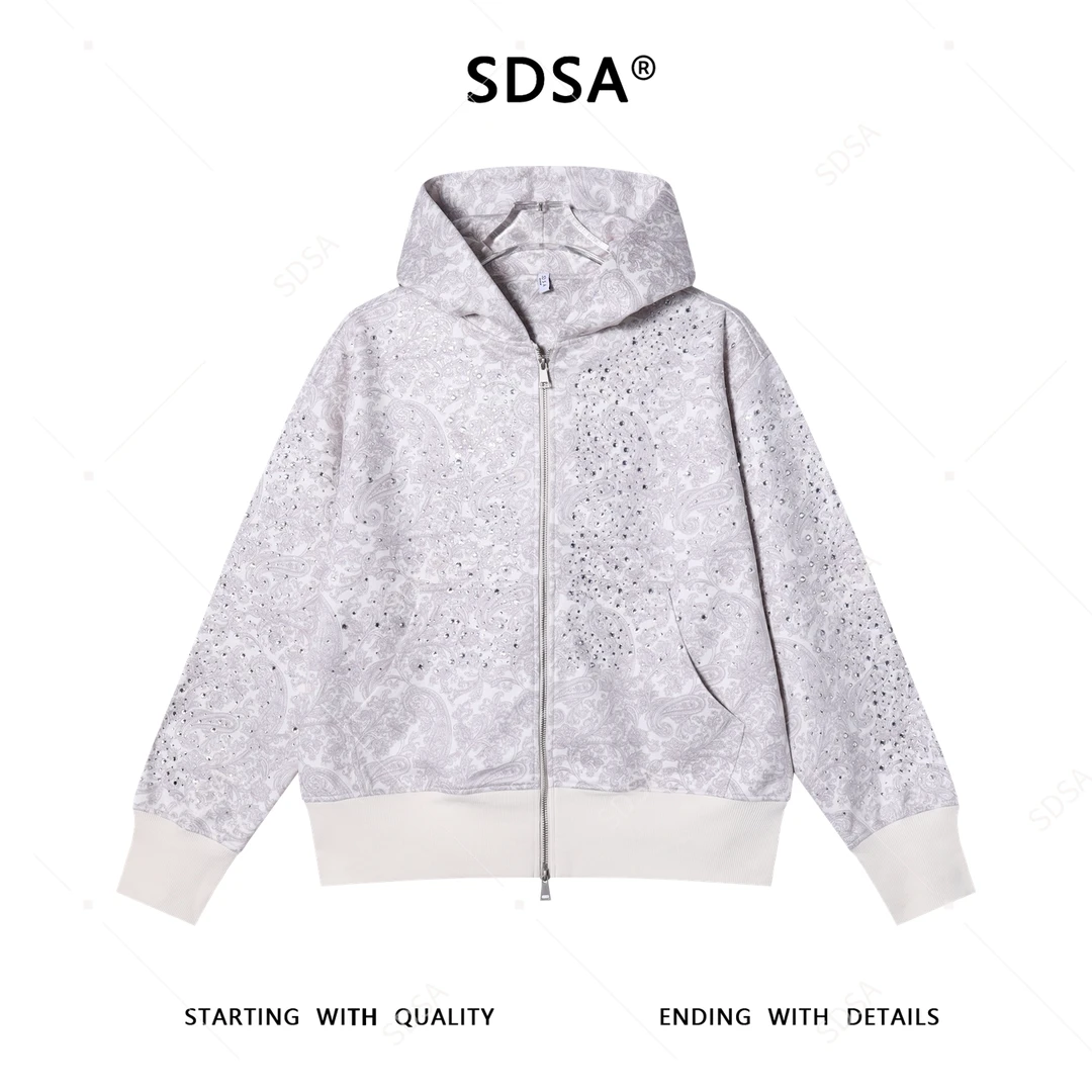 SDSA男士秋冬新款痞帅男装潮流印花烫钻拉链开衫连帽卫衣百搭宽松