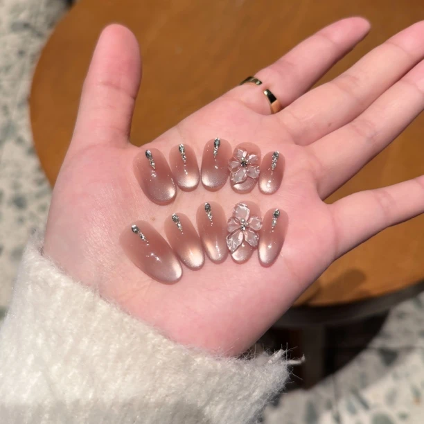 【梨花带雨】立体冰花春日手绘猫眼紫色十片纯手工穿戴甲