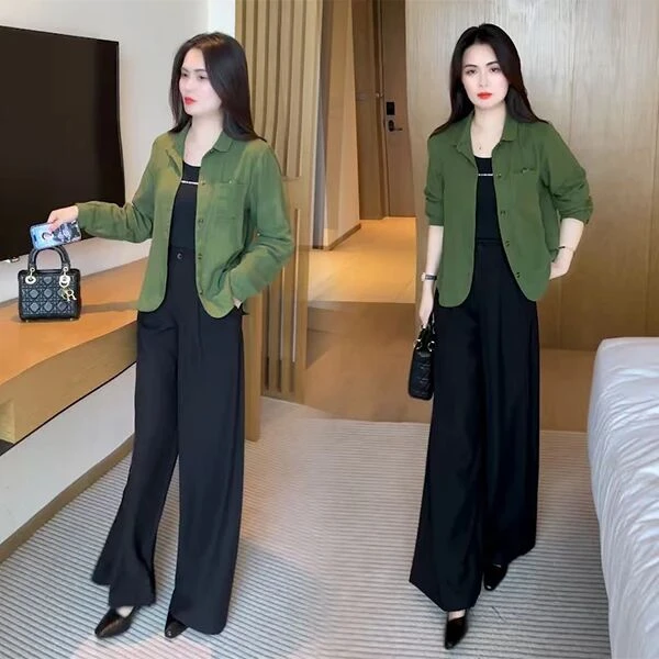 时尚套装女2025秋季新款洋气显瘦长袖开衫高腰阔腿裤两件套潮