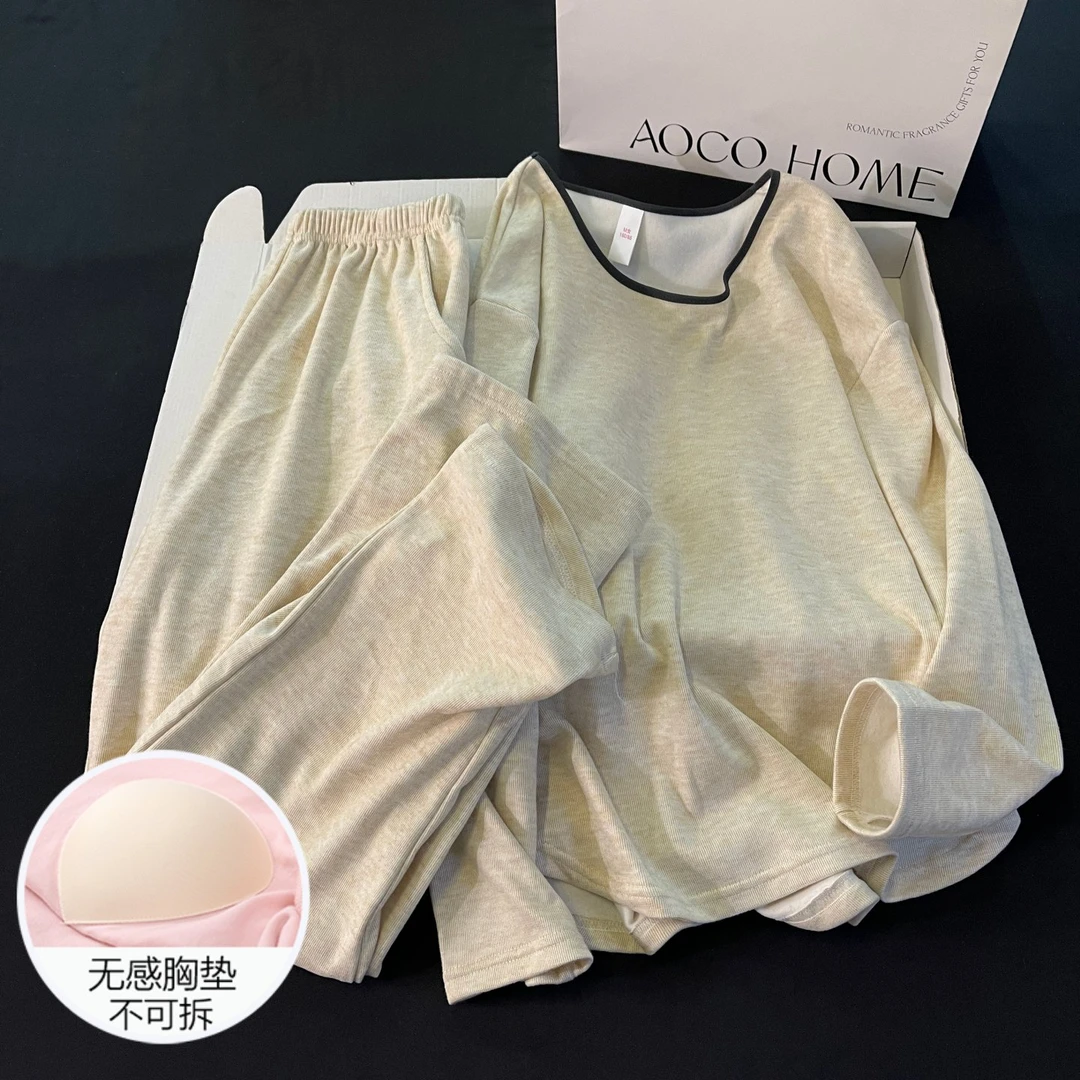 睡衣女秋冬季绵羊绒长袖保暖带胸垫2025新款大码浅杏色套装家居服