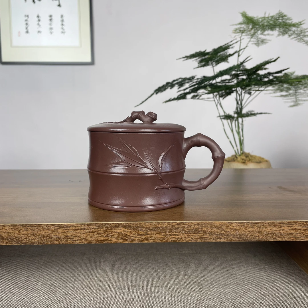 宜兴紫砂泡茶手工竹叶竹节杯小容量办公室家用长辈礼品300CC