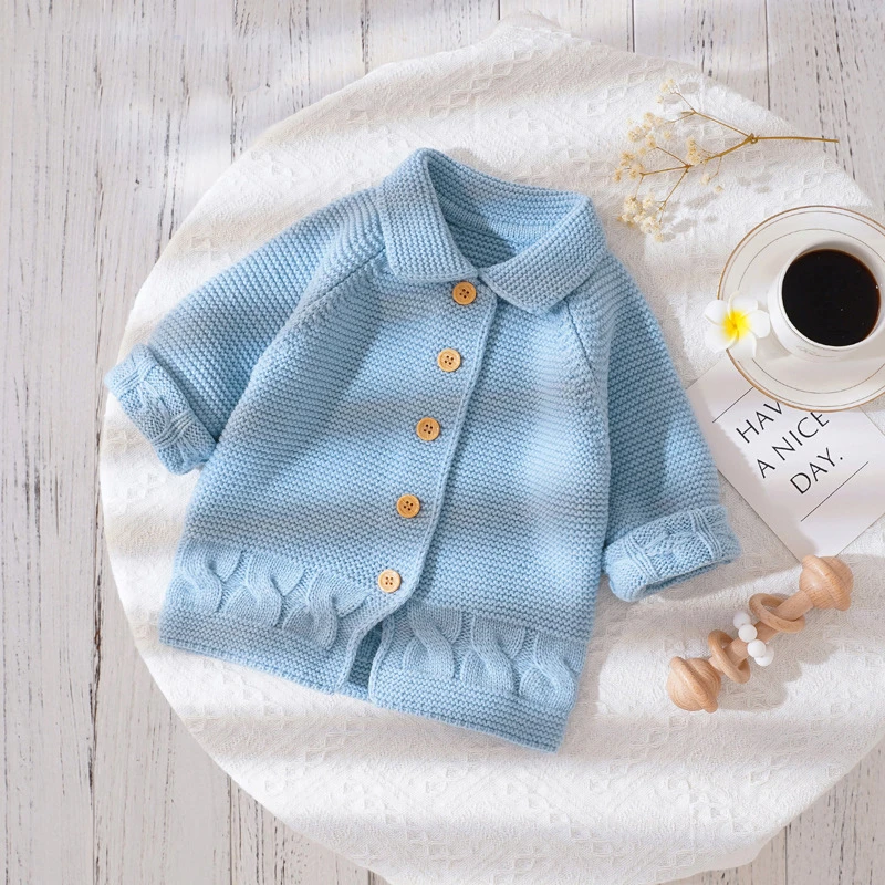 女宝宝纯色手工针织外套翻领女童毛线衫开衫扣子婴幼儿毛衣服春秋