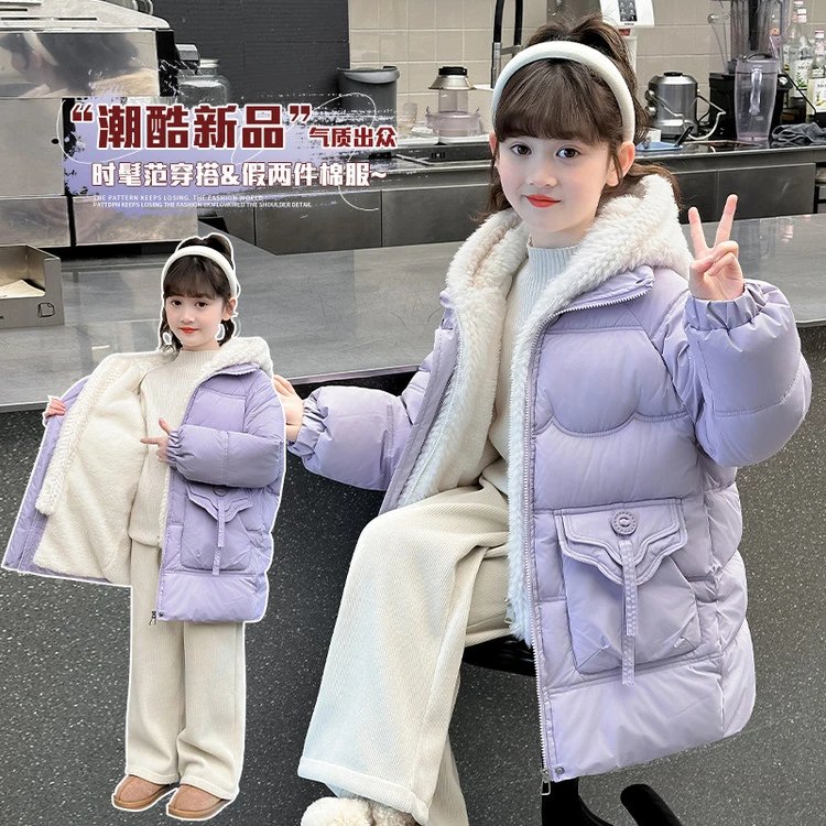 2025新款女童冬装棉衣外套儿童洋气假两件羽绒棉服女大童加绒棉袄