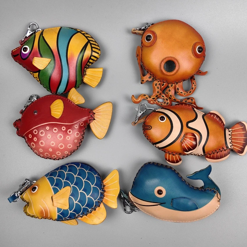 真皮鱼零钱包章鱼热带鱼锦鲤小丑鱼牛皮手工女士学生小钱包