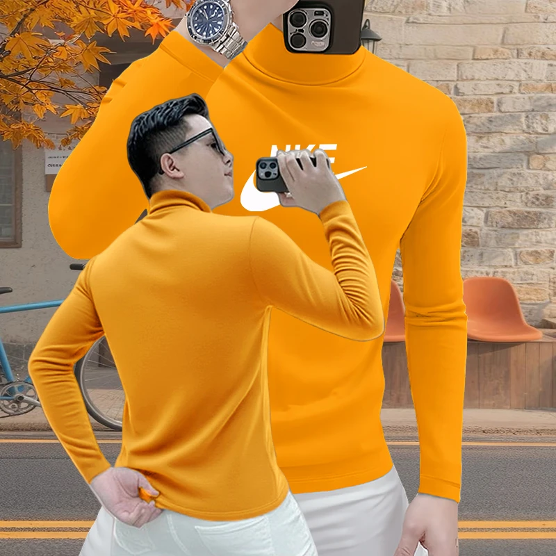 2025秋冬新款男士德绒长袖T恤内搭半高领修身潮流百搭上衣打底衫