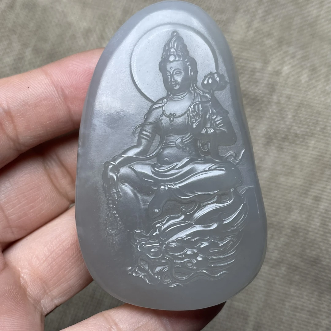 和田玉青海料烟紫料随型观音 有微棉 介意者勿拍