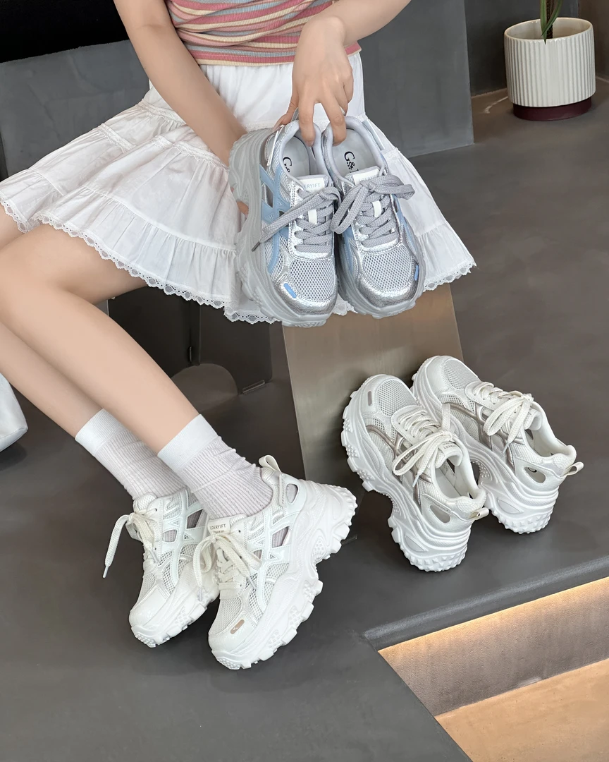 188-61夏季女真皮网面透气老爹鞋厚底时尚休闲鞋韩版(跟高5.5cm)