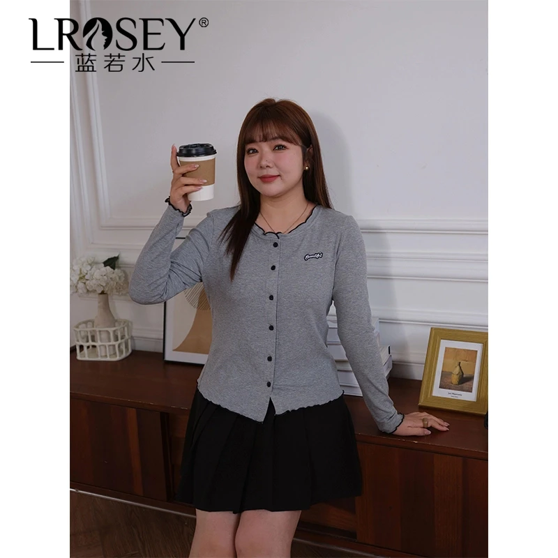 Lrosey/蓝若水大码撞色木耳边针织打底衫显瘦休闲学院风上衣85778