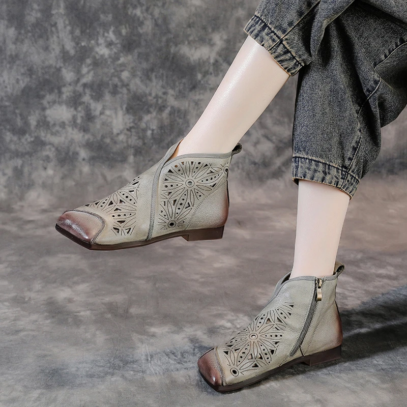 牛皮方头夏季短靴女真皮软底镂空透气复古民族风洞洞鞋平底凉鞋女