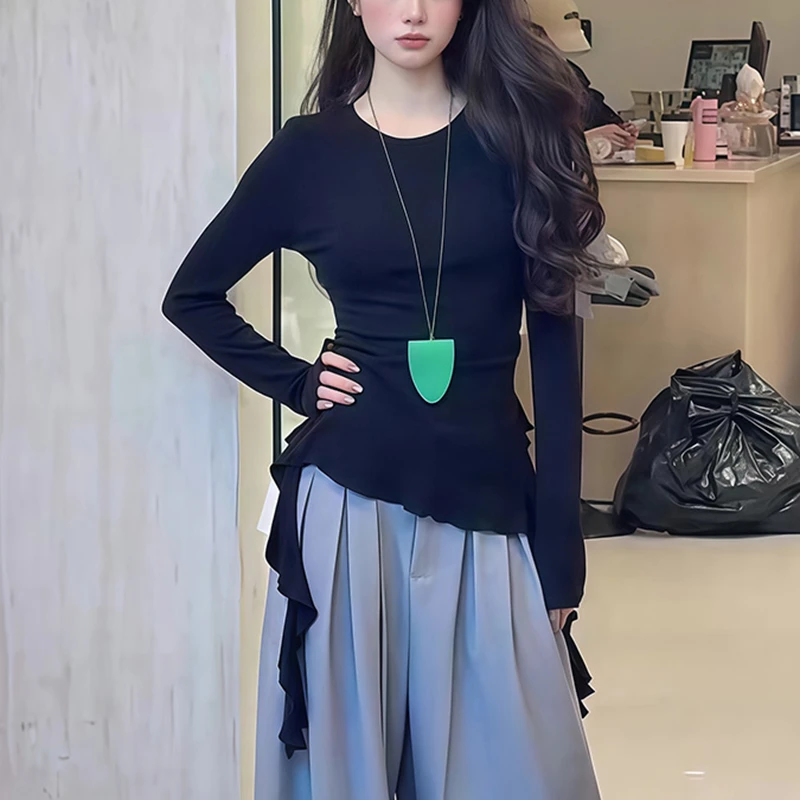 设计感秋季新款气质设计感不规则飘带黑色长T恤打底衫上衣女