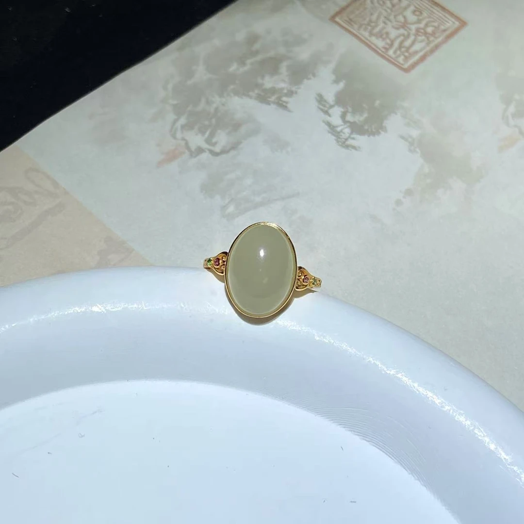 JZ1225 S925银和田玉晴水蛋面戒指