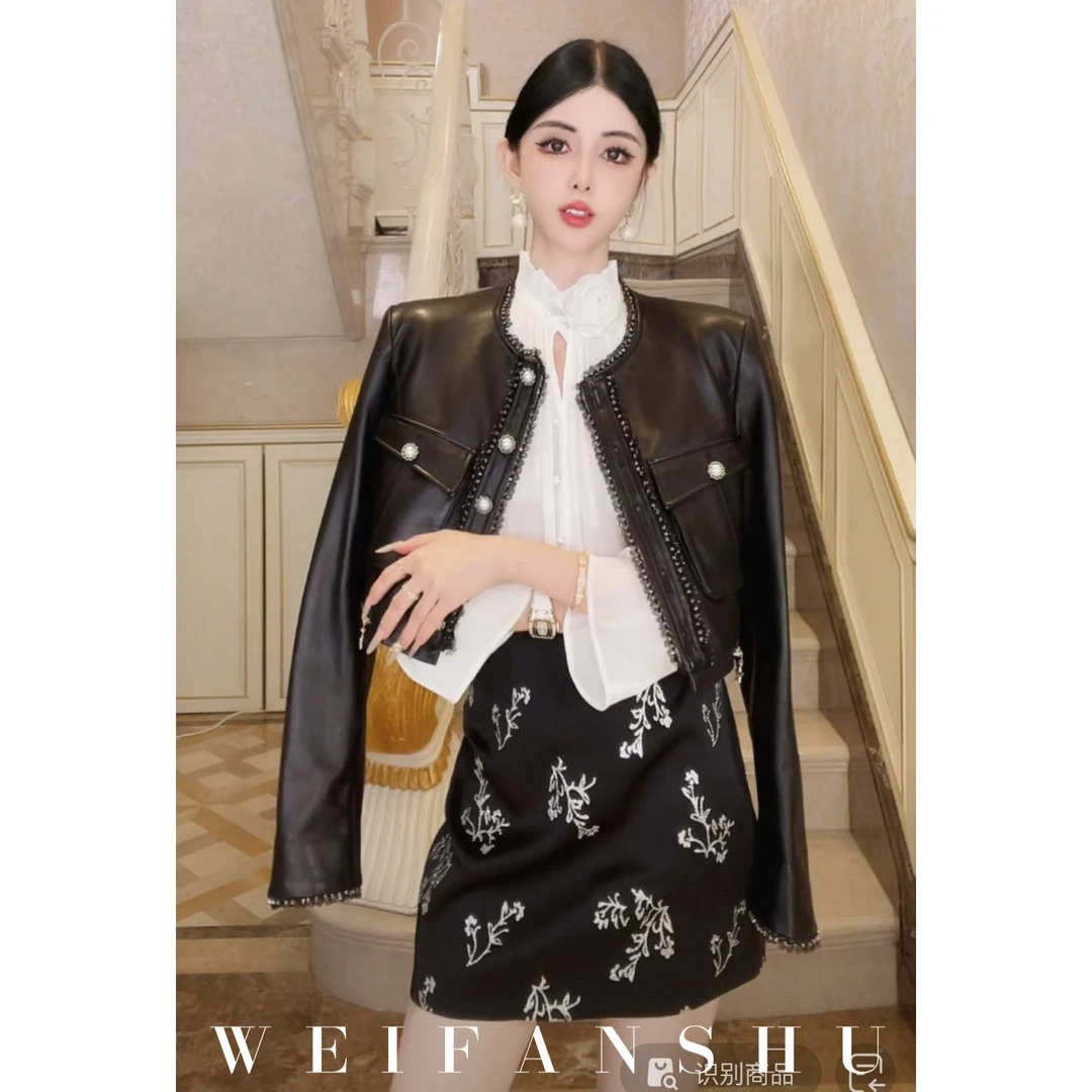 WEIFANSHU/魏凡舒【邂逅优雅】秋季新款设计感修身百搭短款羊皮外套