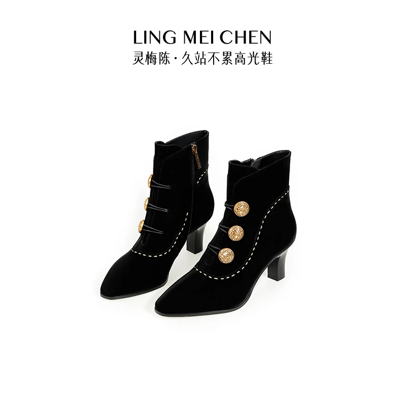 【复古骑士靴】牛皮黑色秋冬时尚休闲大气英伦风灵梅陈粗跟高跟靴