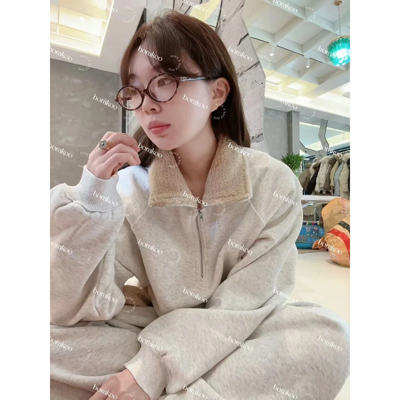 【BORAKOO】零钱袋~羊羔翻领卫衣/灰色直筒休闲裤（衣服裤子分开拍S
