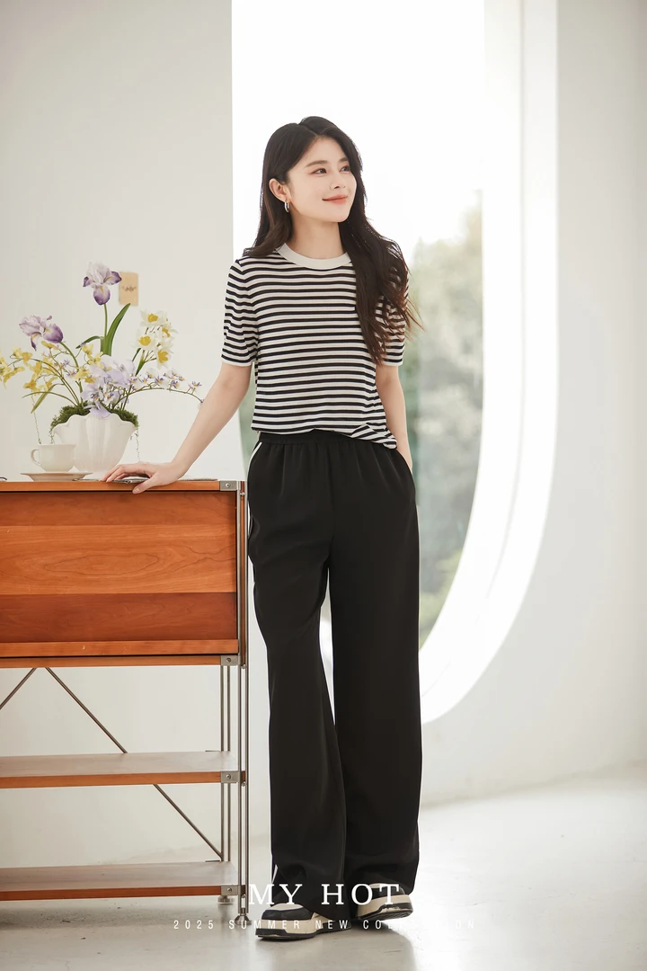 崋家曼夏季新款黑白条纹针织套头衫