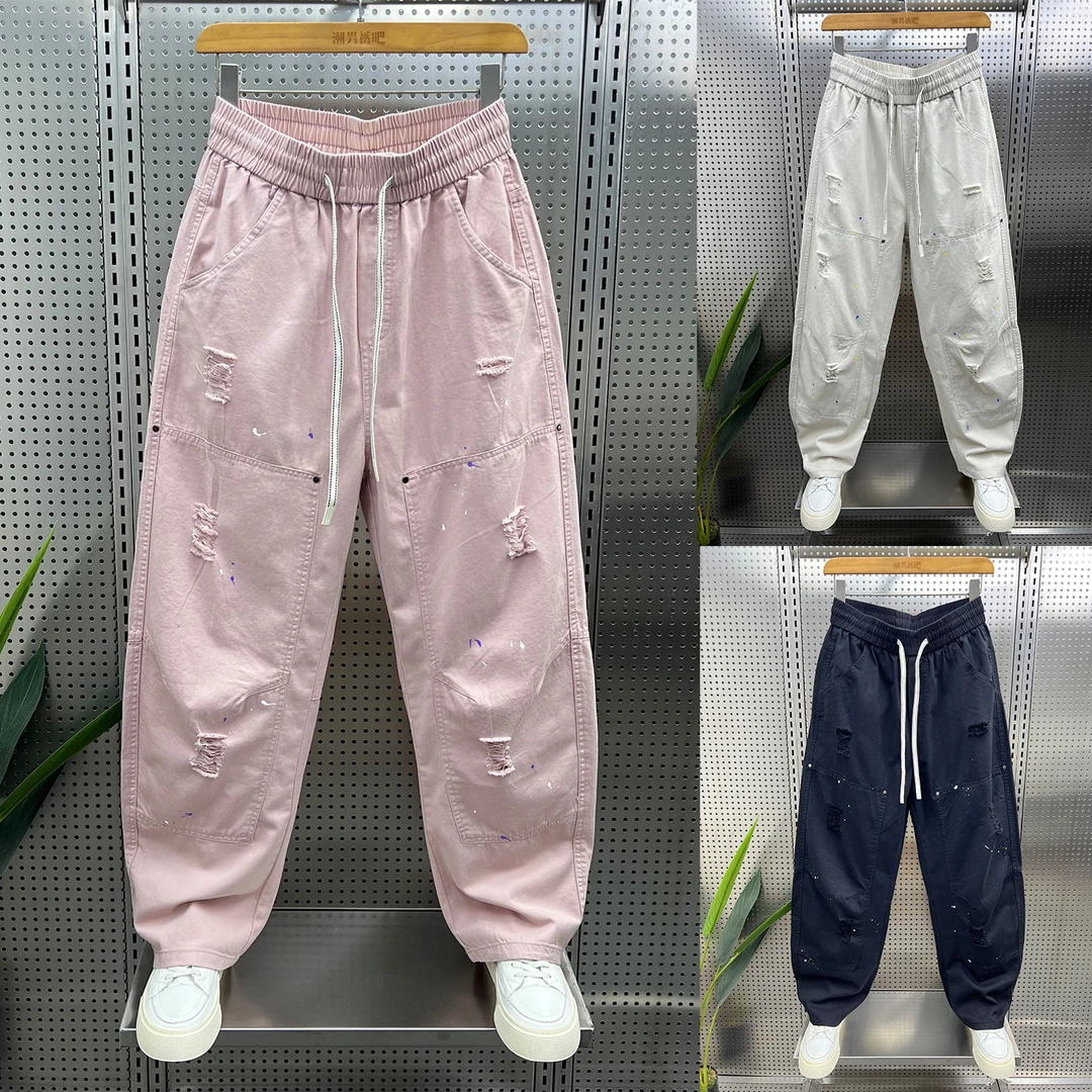 夏季新款美式复古涂鸦泼墨破洞伐木工装裤男直筒宽松休闲长裤