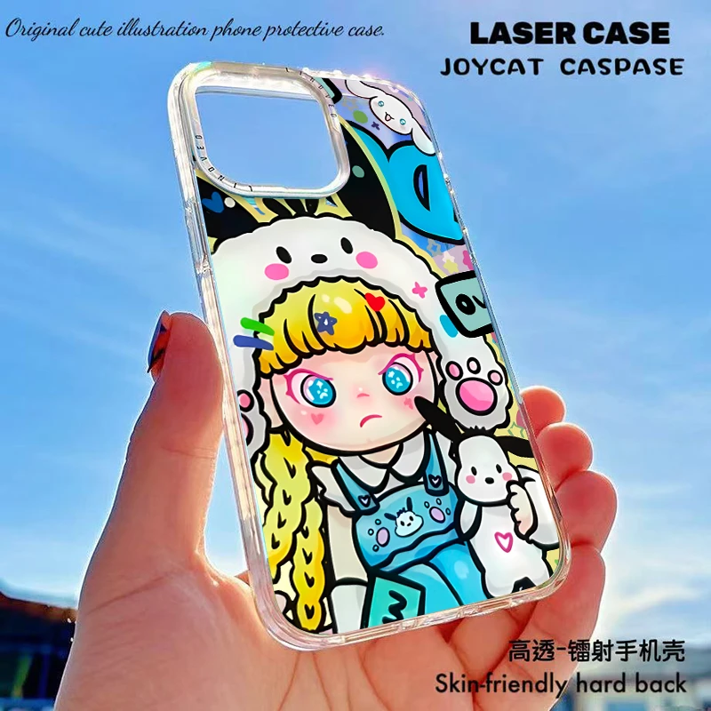 卡通透明镭射手机壳适用苹果女16PM华为Mate硬壳散热磨砂防摔可爱