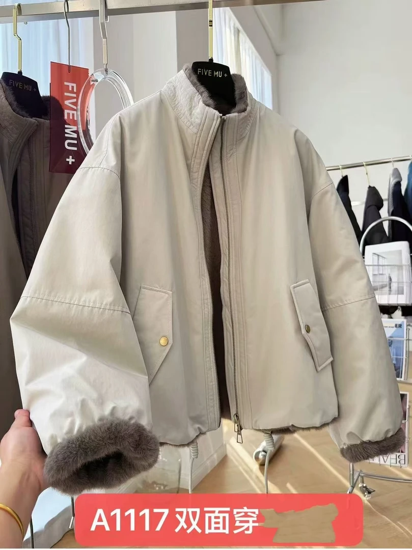 2025新款双面穿短款女宽松毛领保暖外套休闲加绒