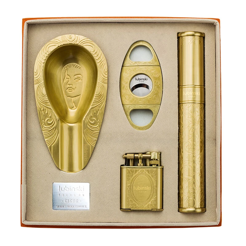 高档雪茄套装锌合金黄铜烟具烟灰缸防风打火机剪刀雪茄管四件礼品