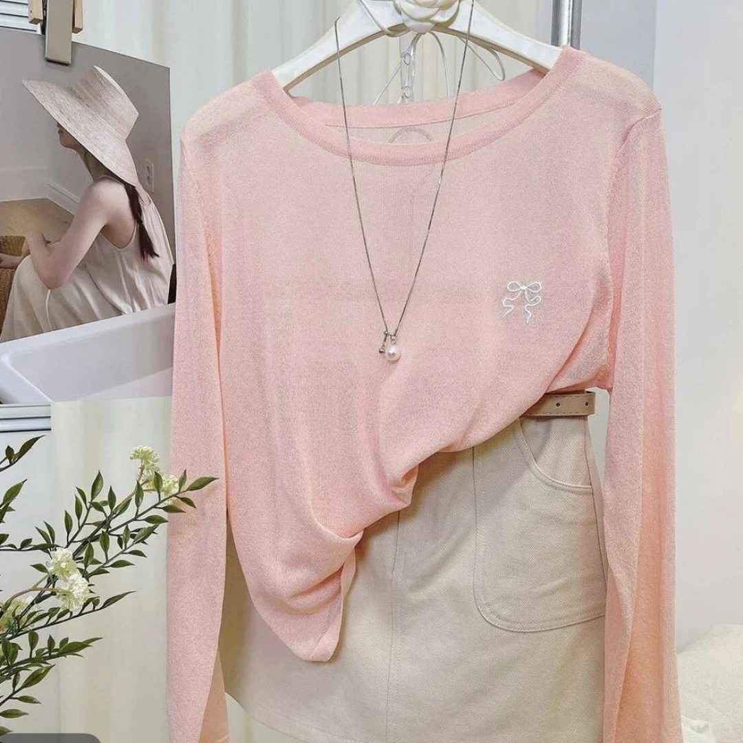 2025新款宽松薄款防晒上衣夏季刺绣蝴蝶结长袖外搭