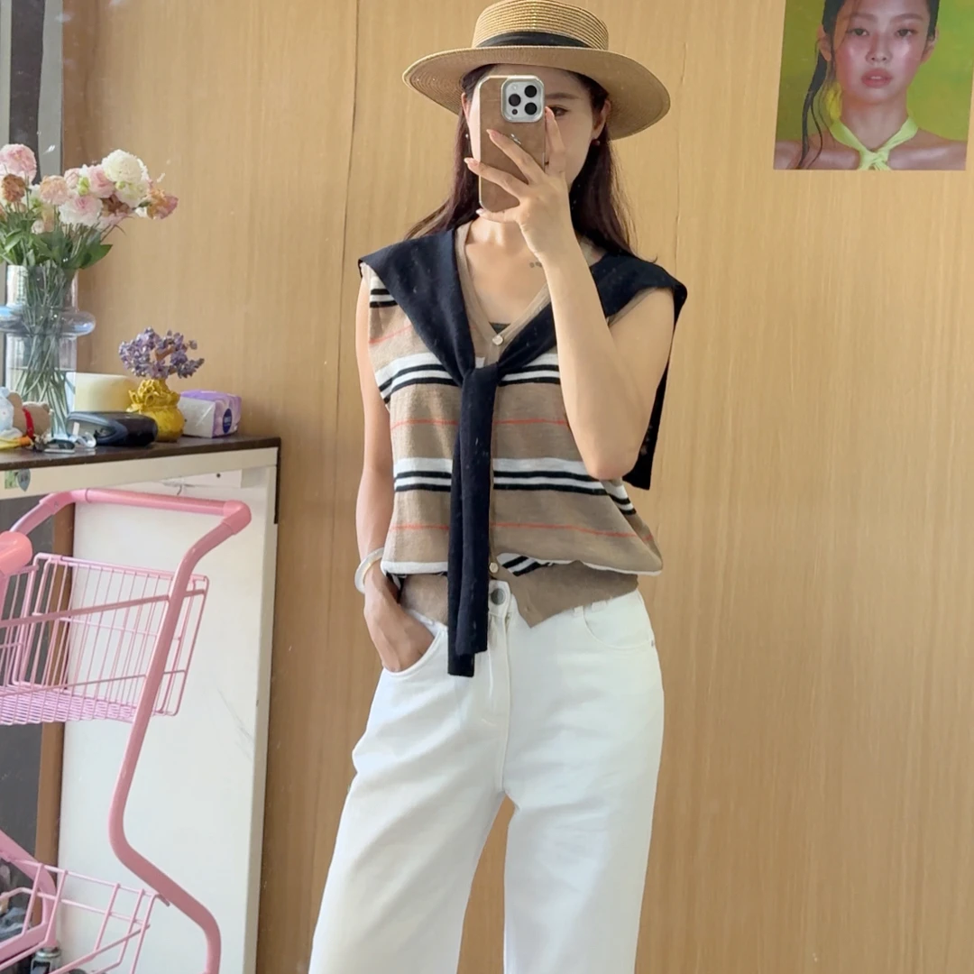 无袖薄款针织条纹女夏季毛针织衫上衣时尚翻领lulu风