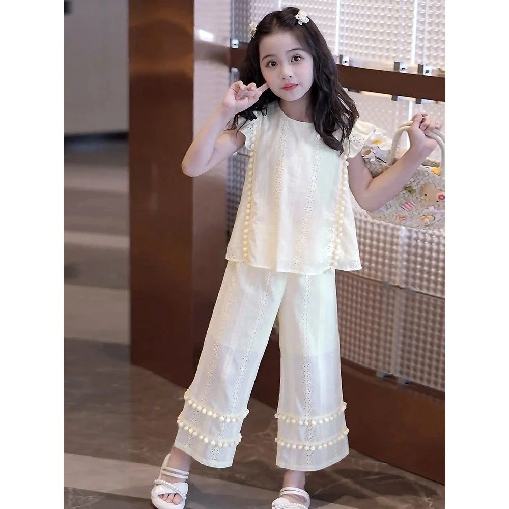 女童夏季甜美新款套装儿童时尚洋气小女孩飞袖背心直筒裤两件套潮