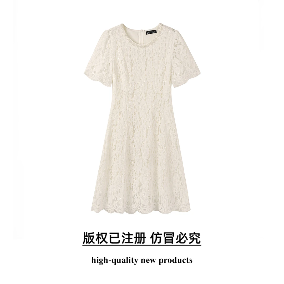 奢姿大码女装2025夏季时尚圆领短袖连衣裙胖妹妹气质减龄蕾丝裙子