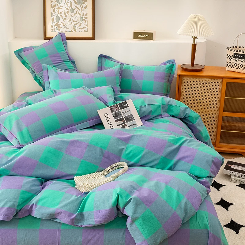 A类全棉100％纯棉色织水洗棉格子款简约风四件套 柔软亲肤被套床单