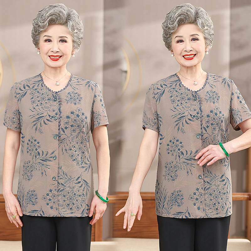 中老年人夏季女装短袖衬衫妈妈装国风新中式T恤衫奶奶夏装衬衣服
