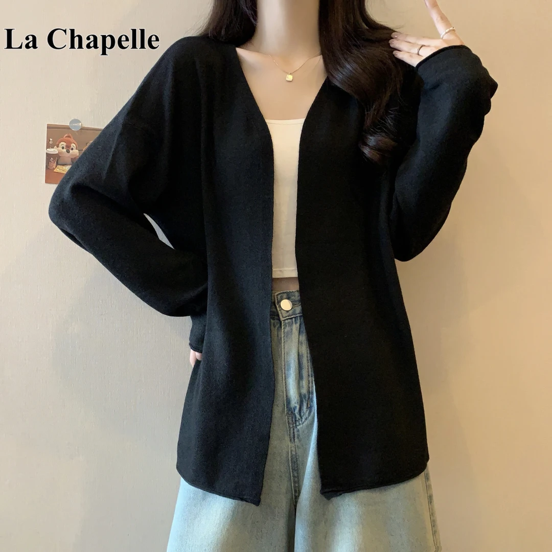 拉夏贝尔大码针织开衫披肩外套女秋冬胖mm遮肉宽松慵懒风v领毛衣