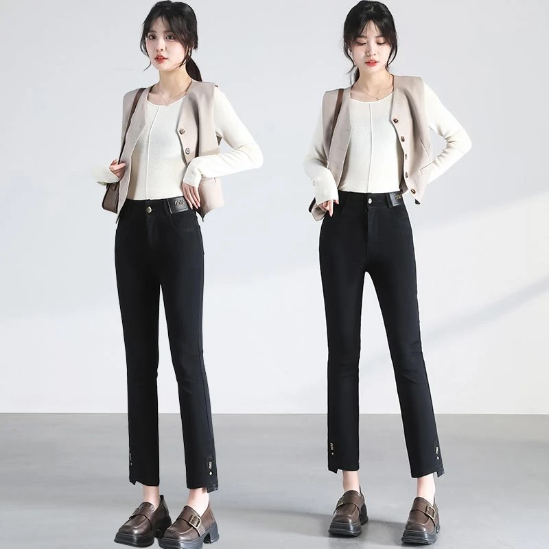 裤子女款胖mm显瘦春夏薄款高腰休闲裤时尚职业百搭弹力修身小黑裤