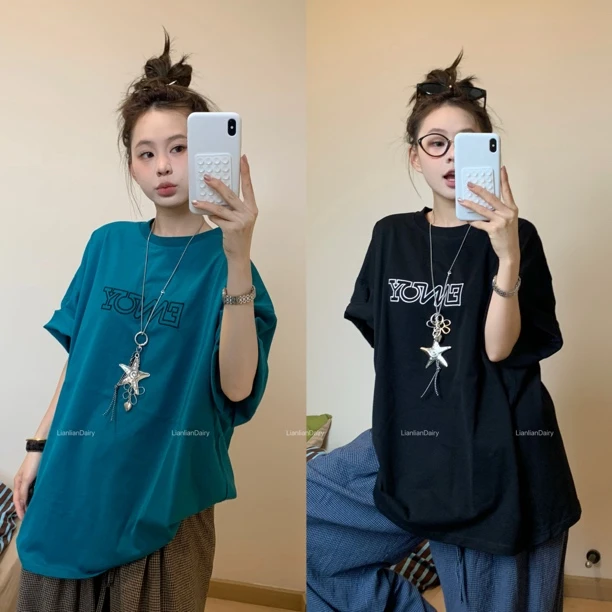脸脸 宽松大码半袖体恤简约字母刺绣短袖T恤