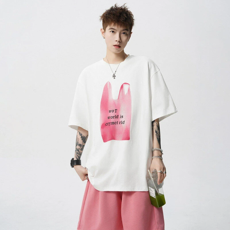 【纯棉300克高品质】手提袋趣味印花短袖夏季情侣t恤潮流宽松五分袖