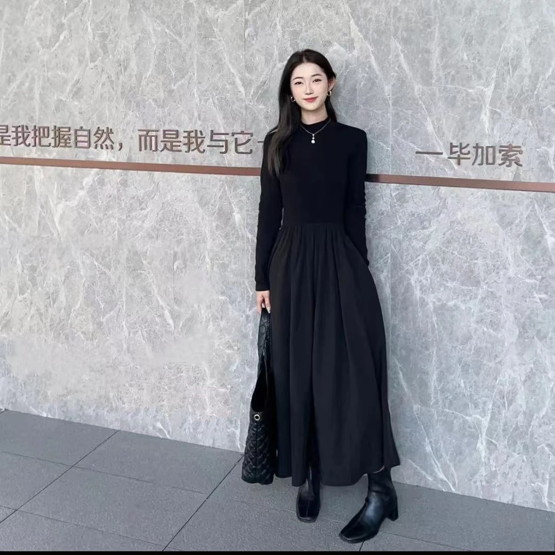 【小立领】秋冬长款大裙摆小黑裙百搭收腰连衣裙打底法式气质时尚