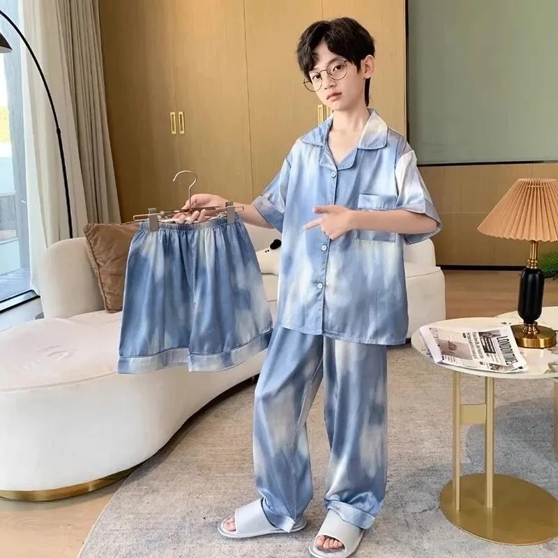 男大童儿童冰丝睡衣三件套洋气扎染夏季薄款男童家居服开衫空调服