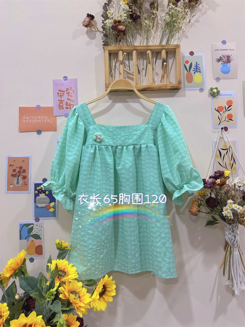 《米粒》63338森系小清新方领夏款宽松百搭减龄衬衫