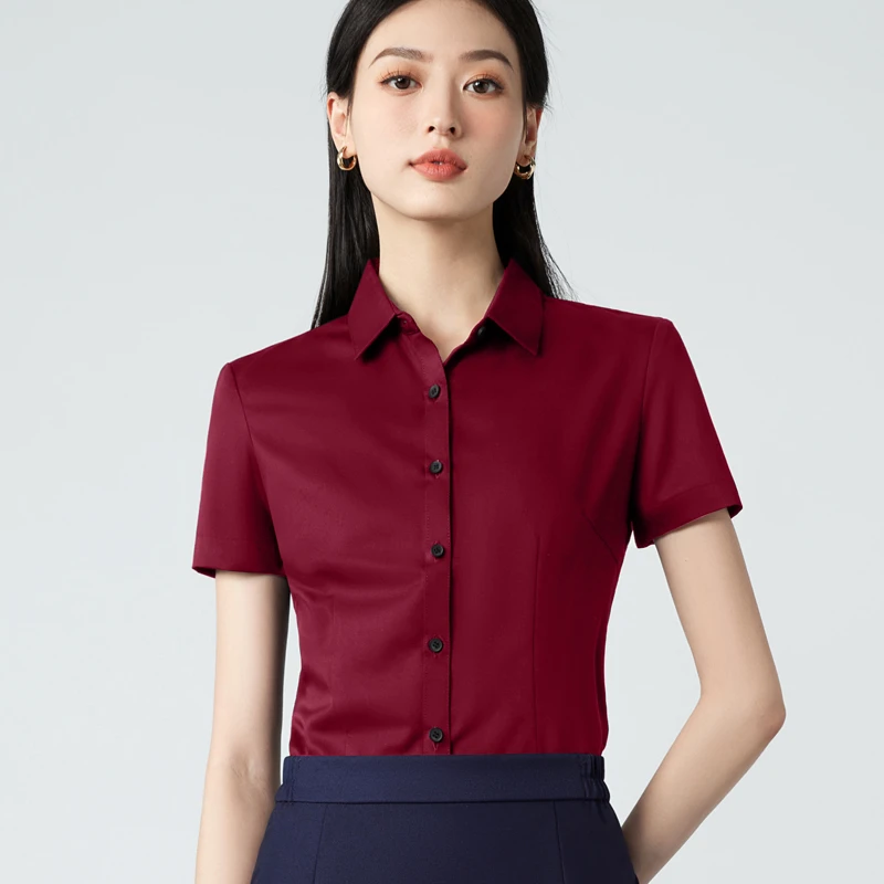 短袖红色衬衫修身夏季衬衣女装工作服正装职业装工装气质休闲上衣