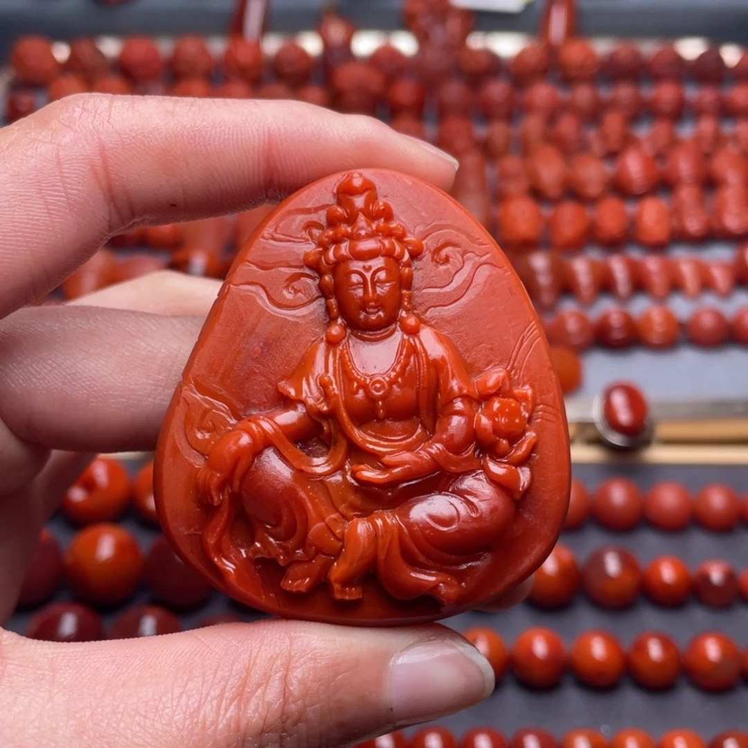 南红玛瑙未镶嵌其他W53*48*18瓦西双色自在观音吊坠柔光