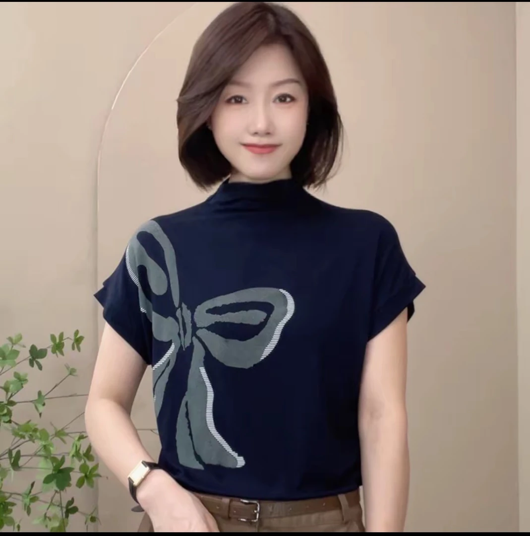 夏季新款半高领短袖T恤休闲遮肚时尚百搭印花上衣减龄显瘦928