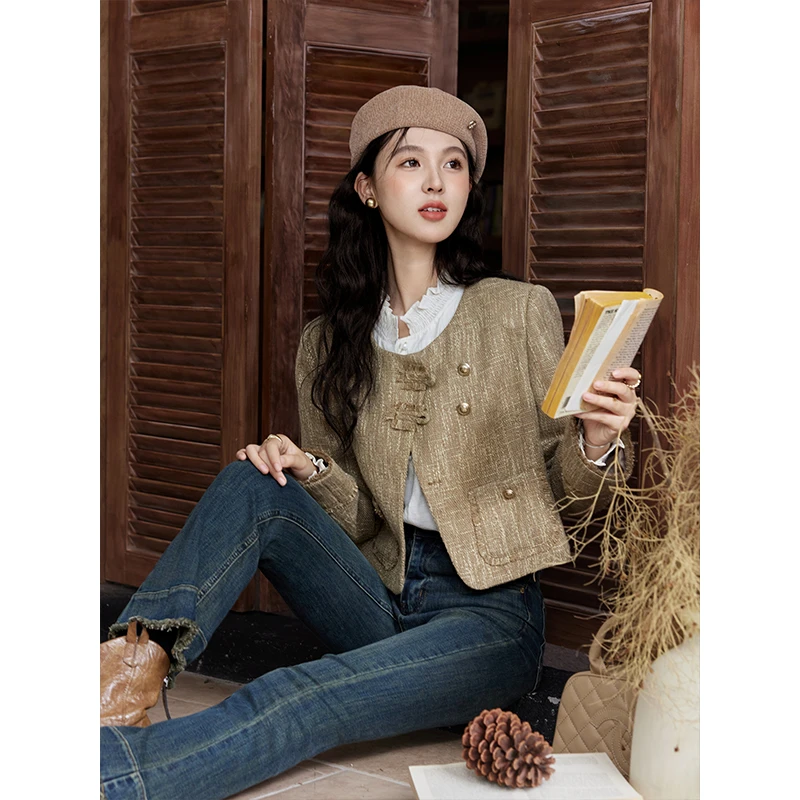 【年末大促】谜秀织带粗花呢小香风外套圆领短款高级感气质长袖上衣