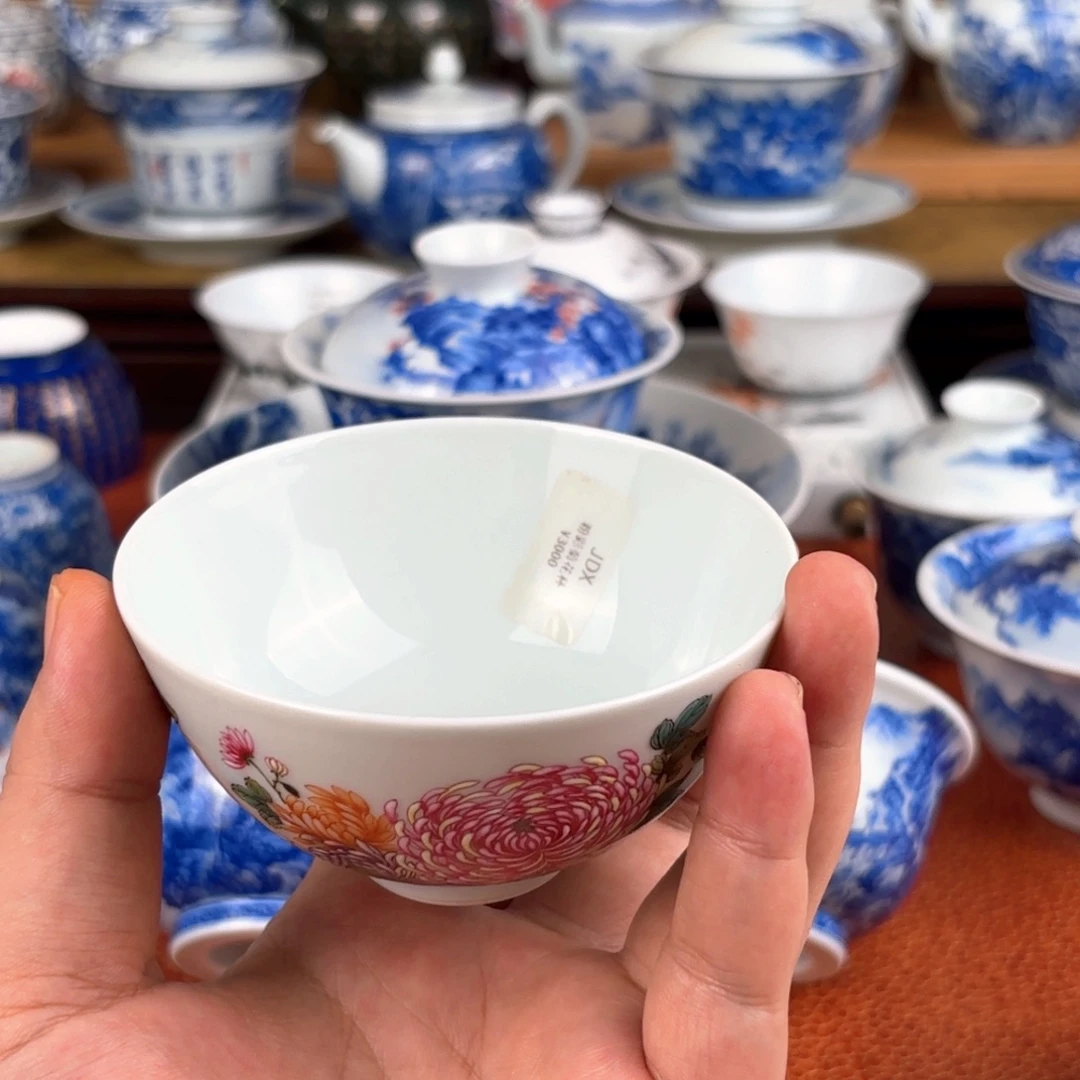 粉彩菊花杯 景德镇纯手工手绘