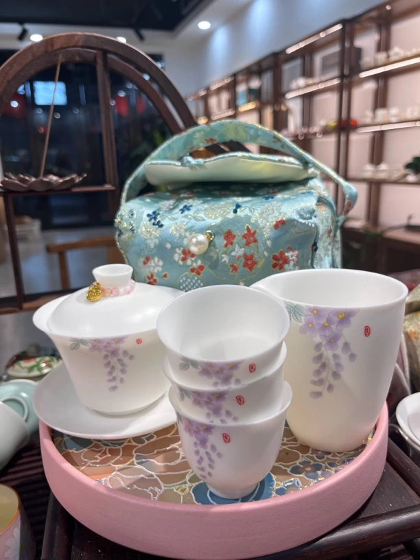 当代 刚才盖碗加公道杯+4个杯子加便携珐琅彩茶具茶杯家用高档
