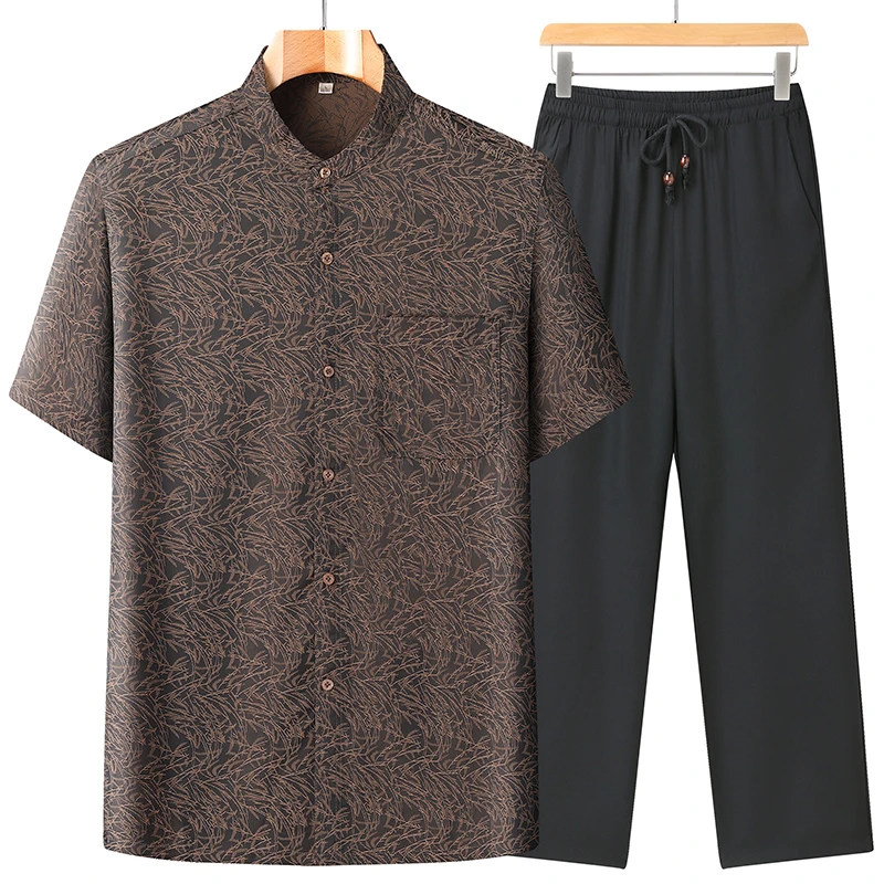 【套装】夏季短袖爸爸真丝立领衬衫男士桑蚕丝中老年衬衣宽松休闲款