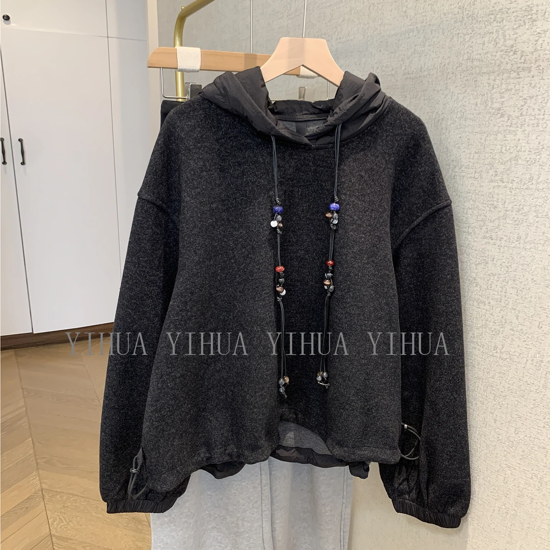 松弛感连帽卫衣女宽松设计感珠饰装饰长袖上衣深灰色2025秋冬新品