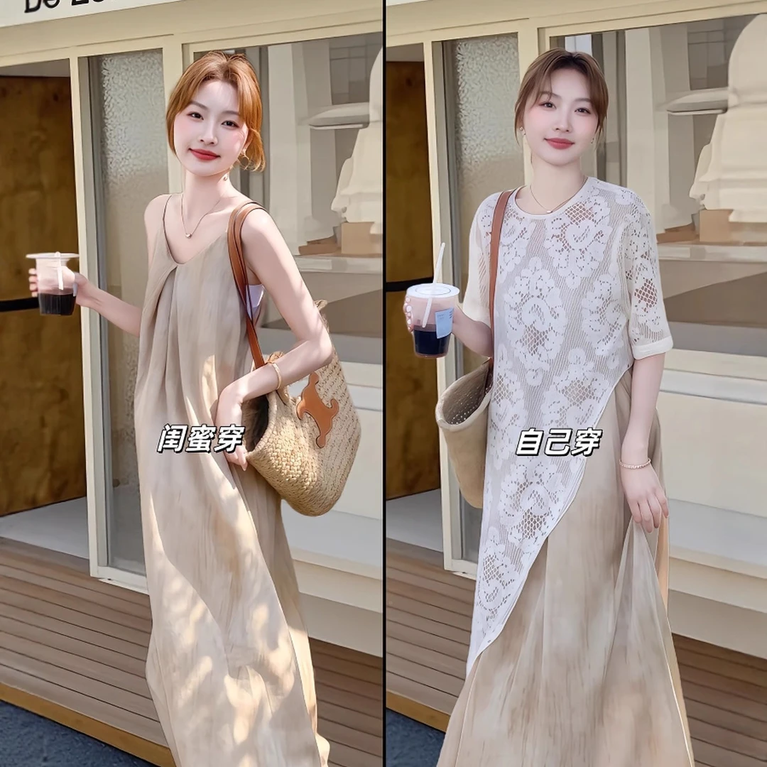 2025夏装搭配一整套大码胖mm不规则蕾丝罩衫吊带连衣裙流行独特套