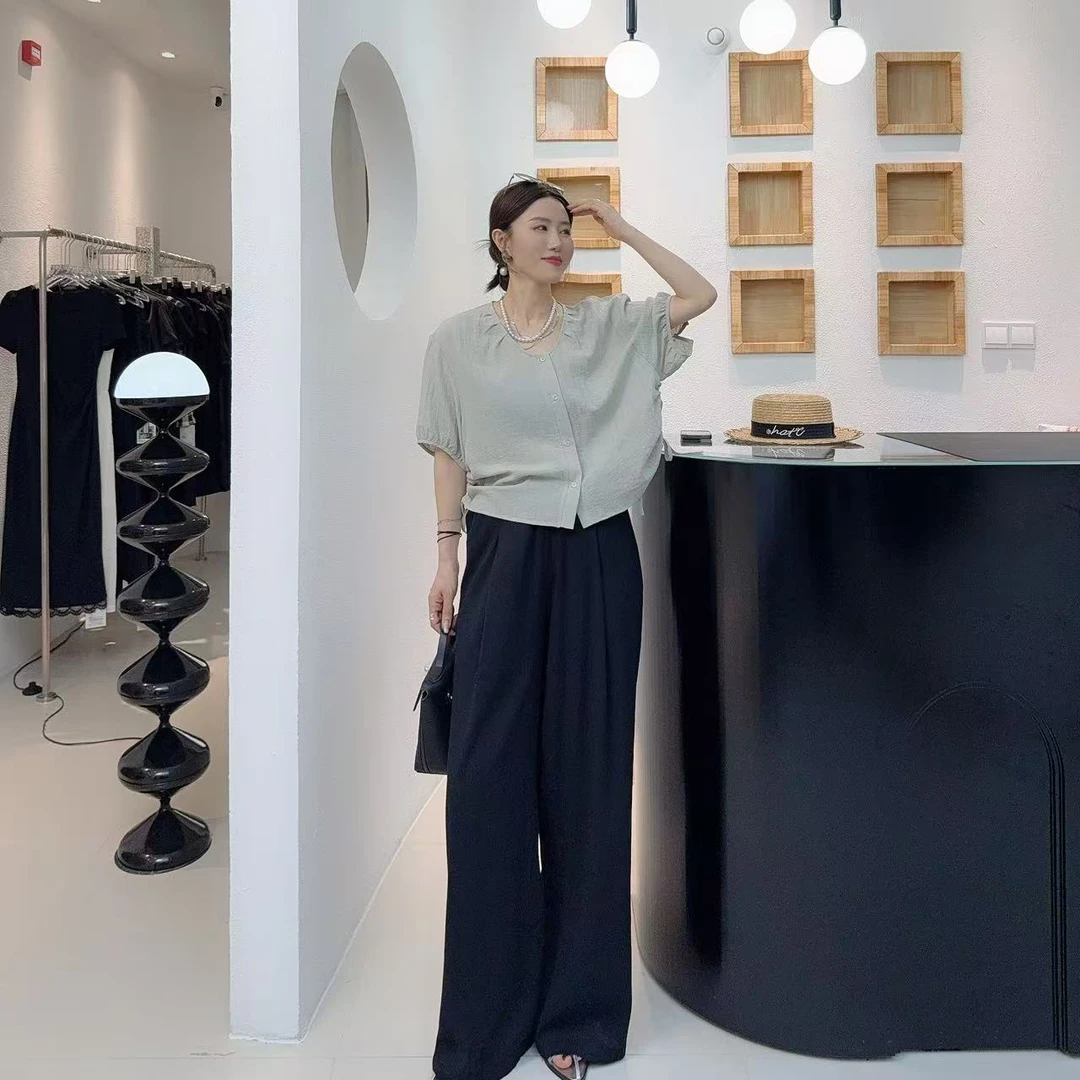 林林 韩系宽松薄款抽绳短袖衬衫短款上衣开衫小衫 衬衣女夏