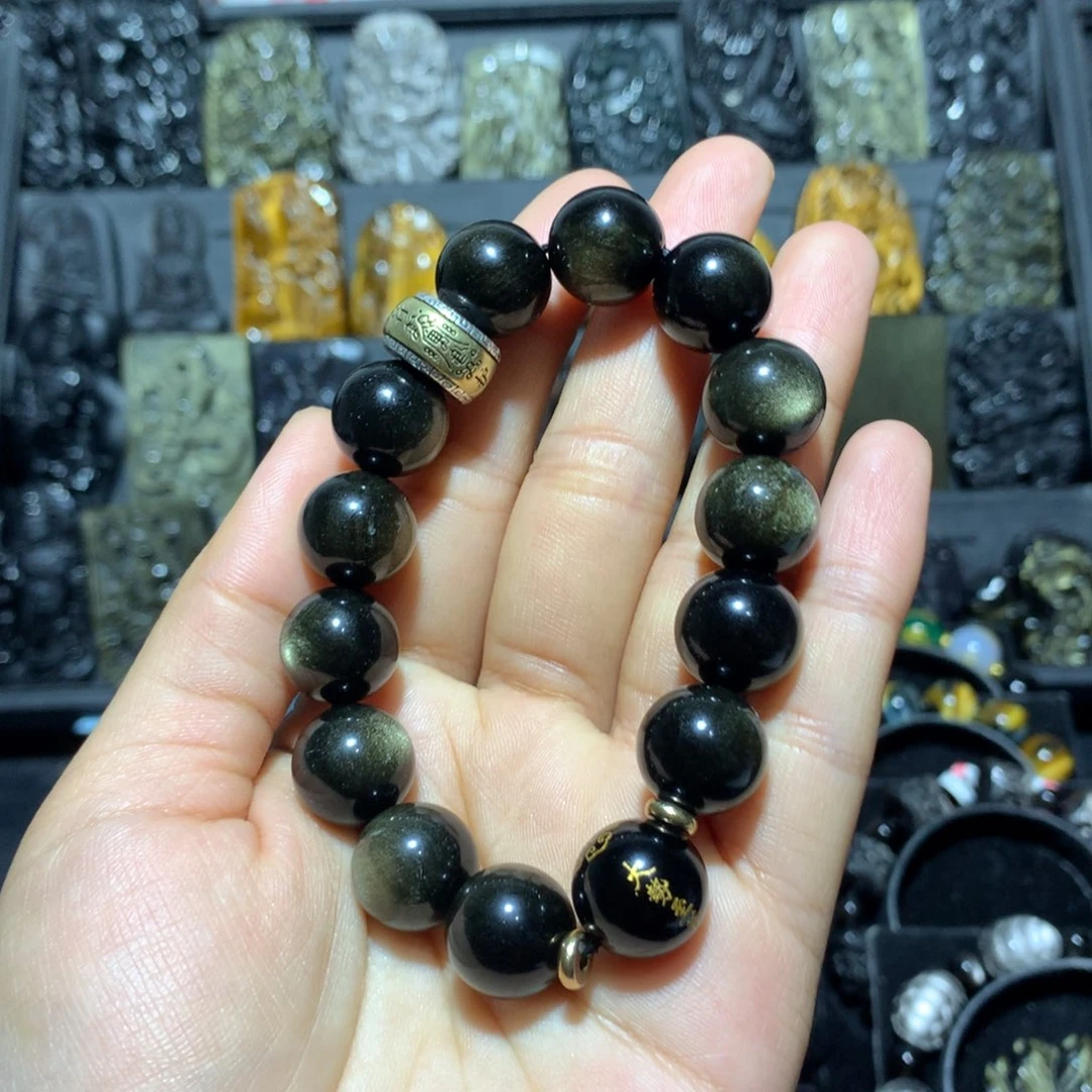 黑曜岩手串银S925镶嵌木****林定制